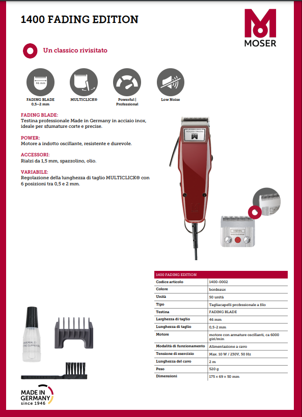 MOSER TAGLIACAPELLI ELETTRICA 1400 FADING EDITION - Tre Pi Profumerie
